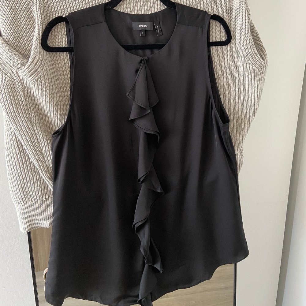 Theory Black Silk Ruffled Top Size L